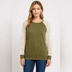 Heimish USA Olive Green Long Sleeve Lace Top Women’s Large | Boho Chic Pullover
